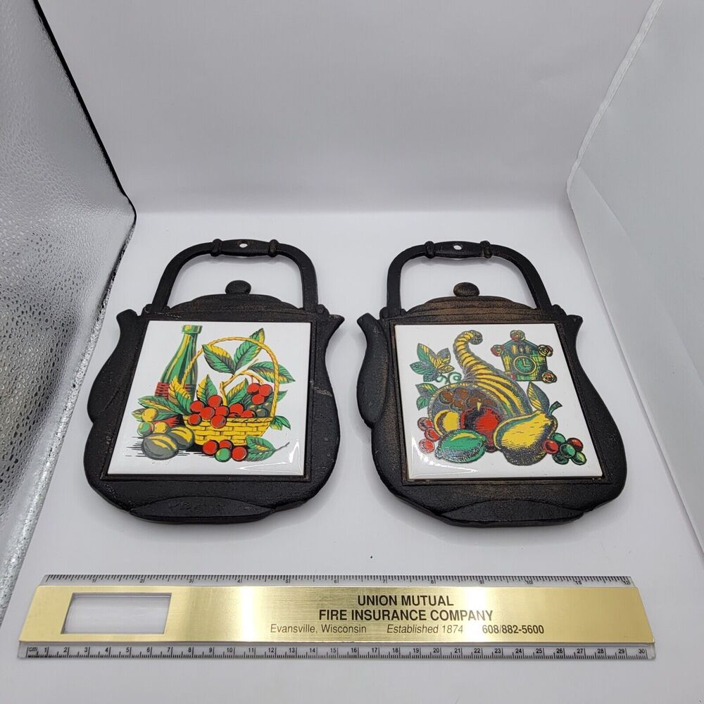 Cornucopia Tea Kettle Vintage Cherry Tile Cast Iron/ Ceramic Trivet - Lot of 2
